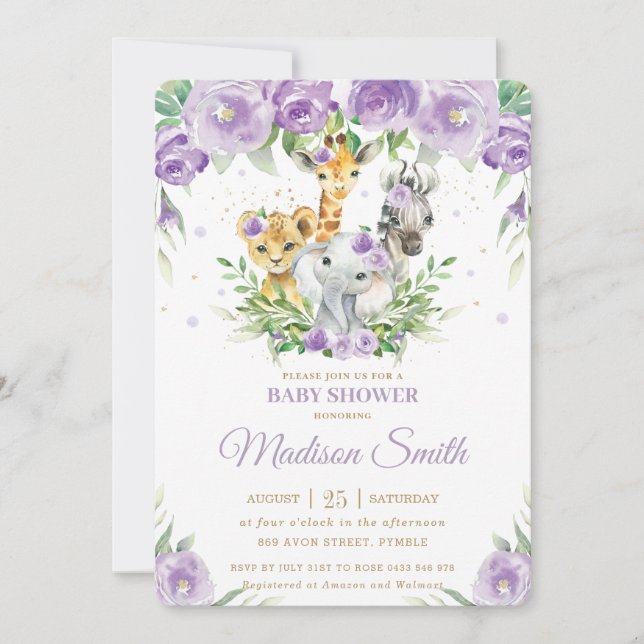Invitation Jungle Animal Safari Purple Floral Baby shower (Devant)
