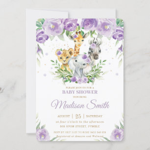 Invitation Jungle Animal Safari Purple Floral Baby shower