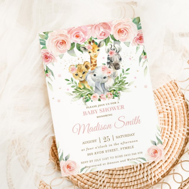 Invitation Jungle Animal Safari rose Blush Baby shower Floral (Créateur téléchargé)