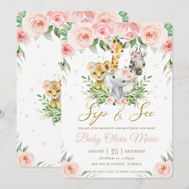 Invitation Jungle Animal Safari rose Blush Floral Sip et voir (Devant / Derrière)