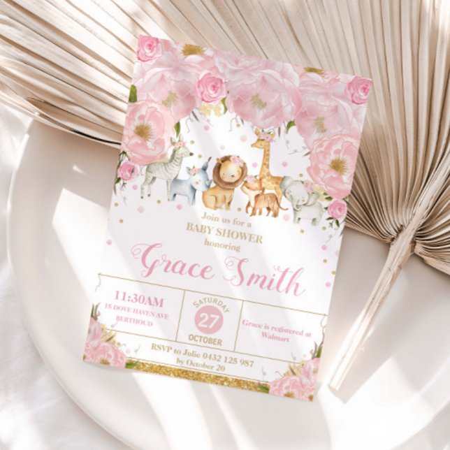 Invitation Jungle Animals Blush Pink Floral Baby Shower  (Créateur téléchargé)