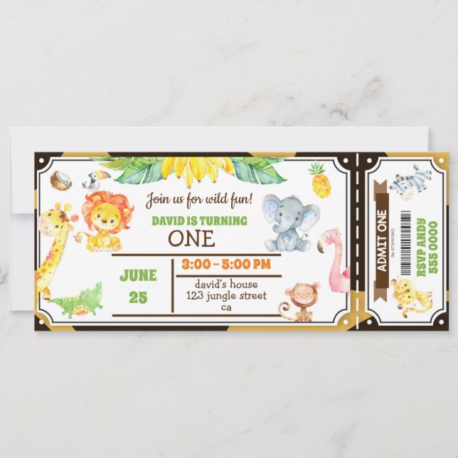 Invitation Jungle Animals Safari Boy Premier Billet d'anniver (Devant)