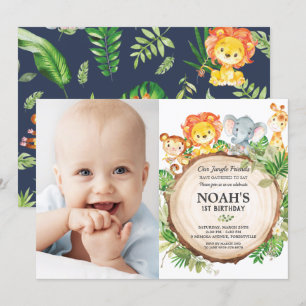 Invitation Jungle Animaux 1er Anniversaire Vert Safari Photo