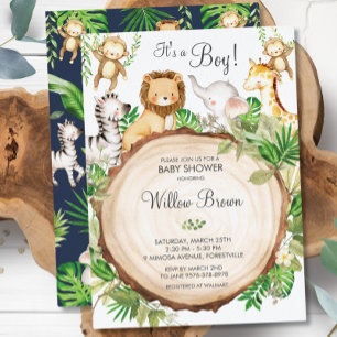 Invitation Jungle Animaux Baby shower Verdure Safari Garçon