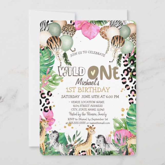 Invitation Jungle Animaux Ballons Feuilles 1er anniversaire (Devant)