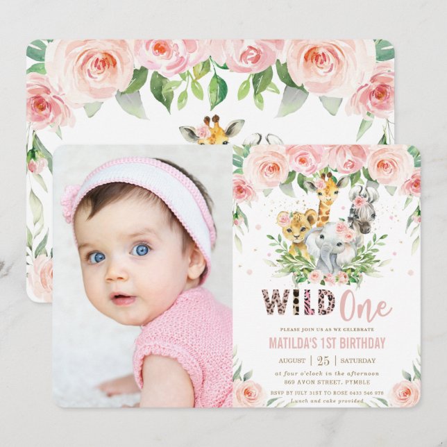 Invitation Jungle Animaux Blush Floral 1er Anniversaire Photo (Devant / Derrière)