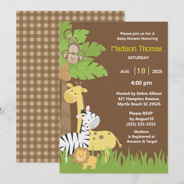 Invitation Jungle Animaux Brown Safari Baby shower Garçon (Devant / Derrière)