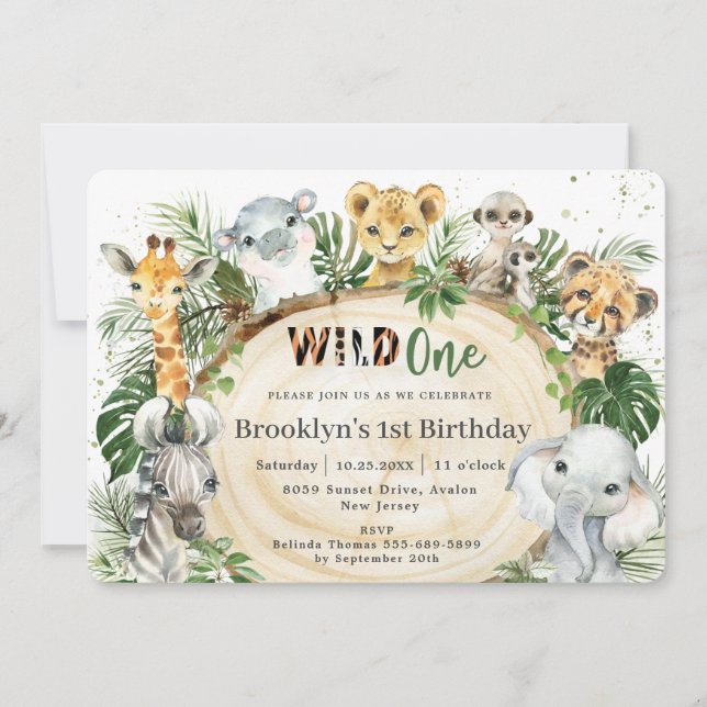 Invitation Jungle Animaux Feuilles verts Sauvage Un 1er anniv (Devant)