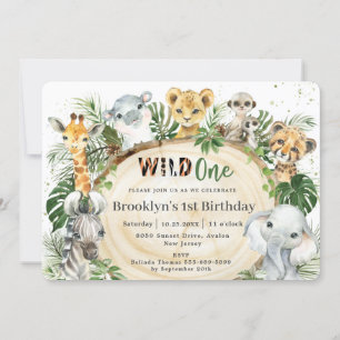 Invitation Jungle Animaux Feuilles verts Sauvage Un 1er anniv