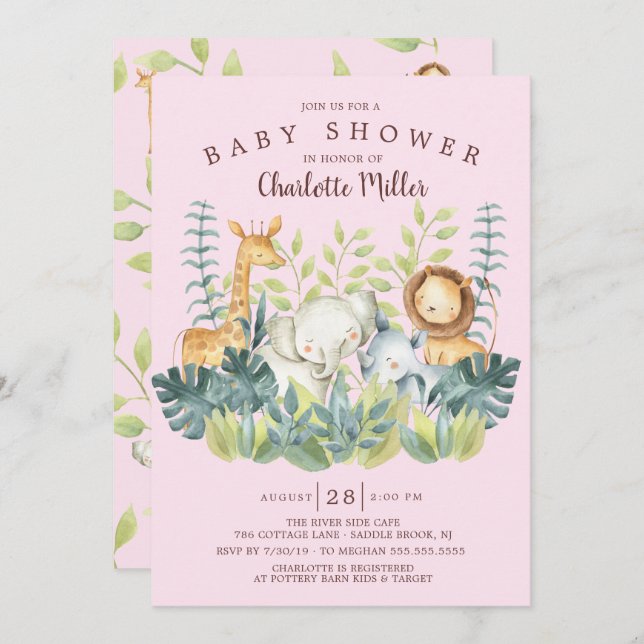 Invitation Jungle Animaux Filles Baby shower (Devant / Derrière)