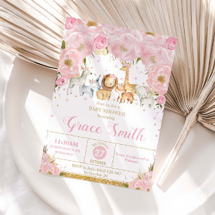 Invitation Jungle Animaux Rose Pâle Floral Baby Shower 