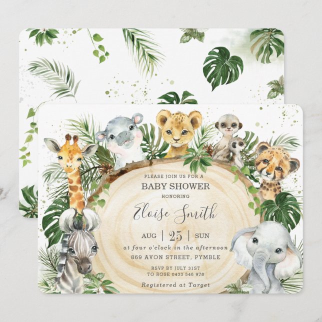 Invitation Jungle Animaux Safari Baby shower De Verdure En Bo (Devant / Derrière)