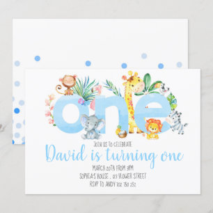 Invitation Jungle Animaux Safari Garçon bleu mignonne 1er ann