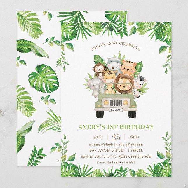 Invitation Jungle Animaux Safari Voiture Verdure 1er annivers (Devant / Derrière)