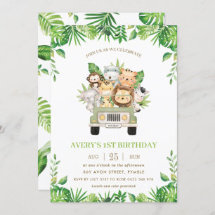 Invitation Jungle Animaux Safari Voiture Verdure 1er annivers