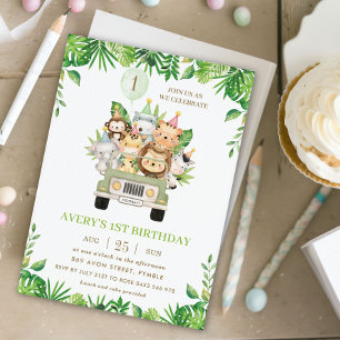Invitation Jungle Animaux Safari Voiture Verdure 1er annivers