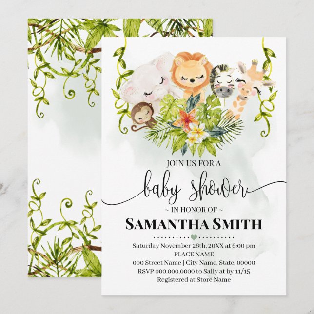 Invitation Jungle Animaux sauvages Baby shower Safari tropica (Devant / Derrière)