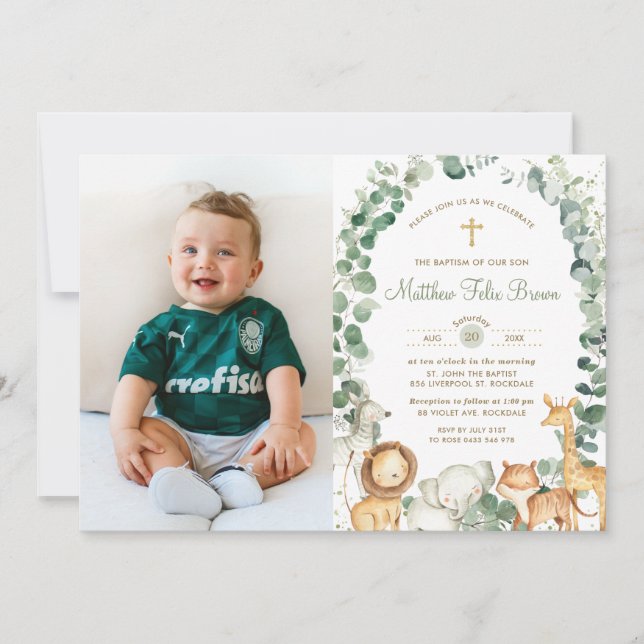 Invitation Jungle Animaux Végétation Baptême Christening Phot (Devant)