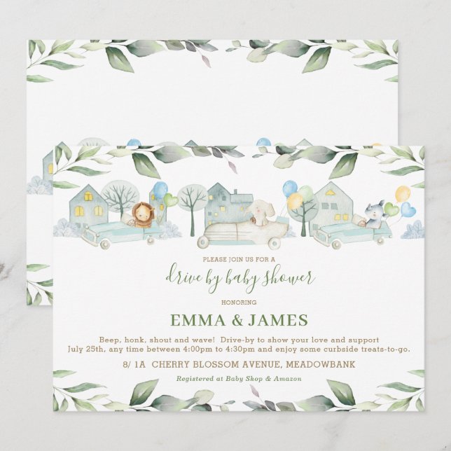Invitation Jungle Animaux Voitures La verdure Le Baby shower (Devant / Derrière)
