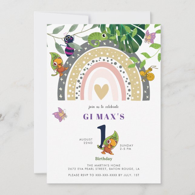 Invitation Jungle, Arc-en-ciel et Chameleon Baby 1er annivers (Devant)