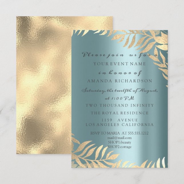 Invitation Jungle Bleu Doré Élégant Mariage Anniversaire (Devant / Derrière)