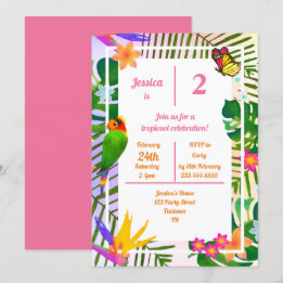 Invitation Jungle de perroquets roses du 2e anniversaire trop