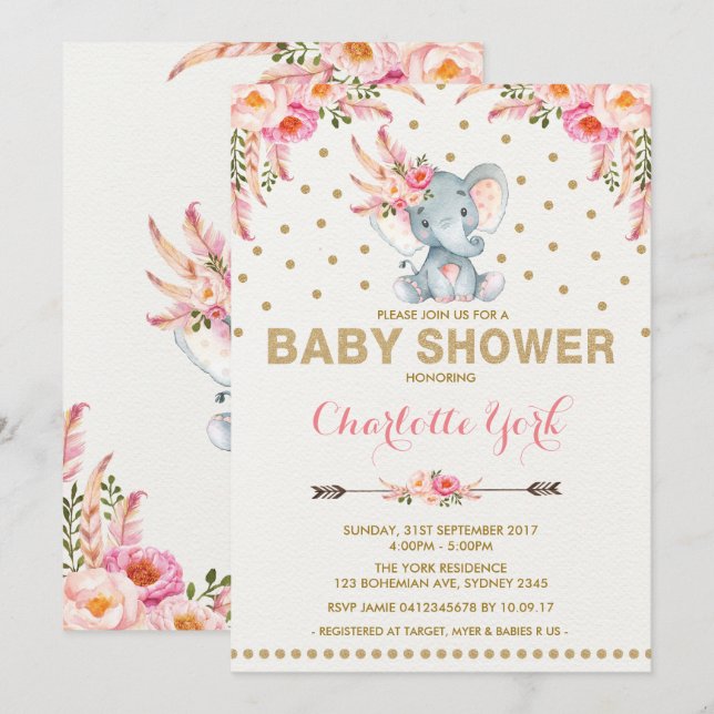 Invitation Jungle d'or de rose d'invitation de baby shower (Devant / Derrière)