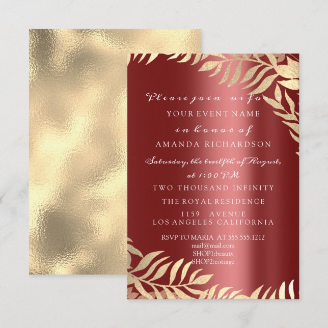 Invitation Jungle Doré Bordeaux Élégant Mariage Anniversaire (Devant / Derrière)