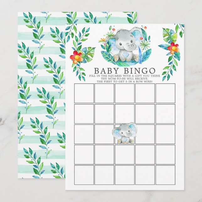 Invitation Jungle Elephant BINGO Baby shower Jeu (Devant / Derrière)