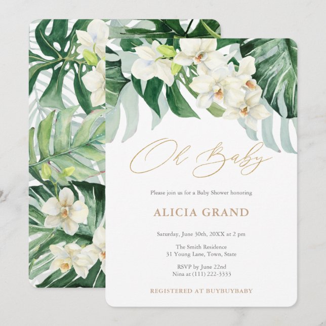Invitation Jungle Foliage Genre Baby shower neutre (Devant / Derrière)