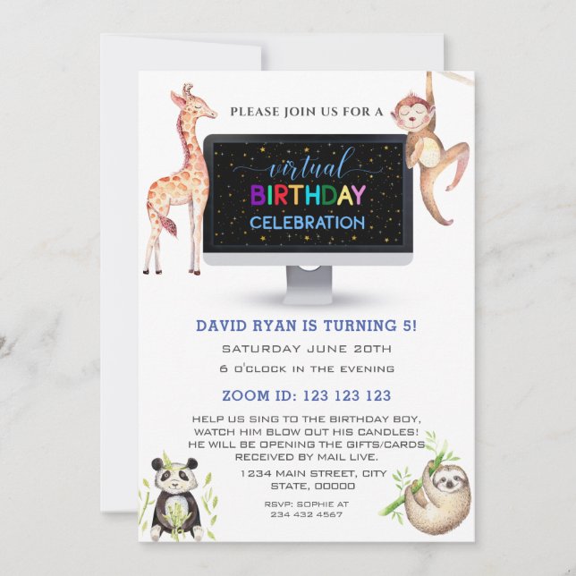Invitation Jungle Forest Friends Boy Fête virtuelle d'anniver (Devant)