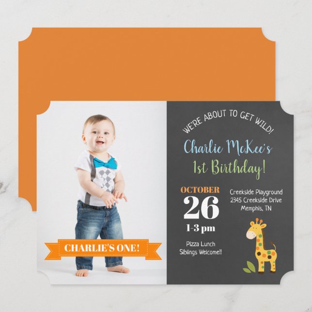 Invitation Jungle Giraffe Chalkboard Anniversaire Die Cut Inv (Devant / Derrière)