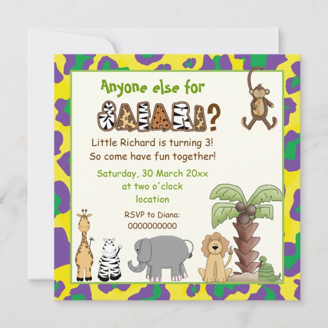 Invitation Jungle jaune, violet safari anniversaire de enfant (Devant)