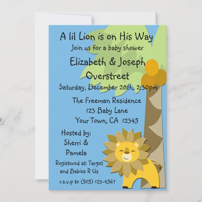 Invitation Jungle King Lion Blue Sky Baby shower Zoo Safari (Devant)