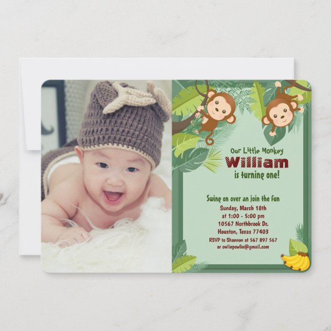 Invitation Jungle Monkey Safari Animal Boy Photo Anniversaire (Devant)