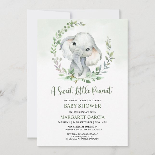 Invitation Jungle Petite arachide verdure Baby shower éléphan (Devant)