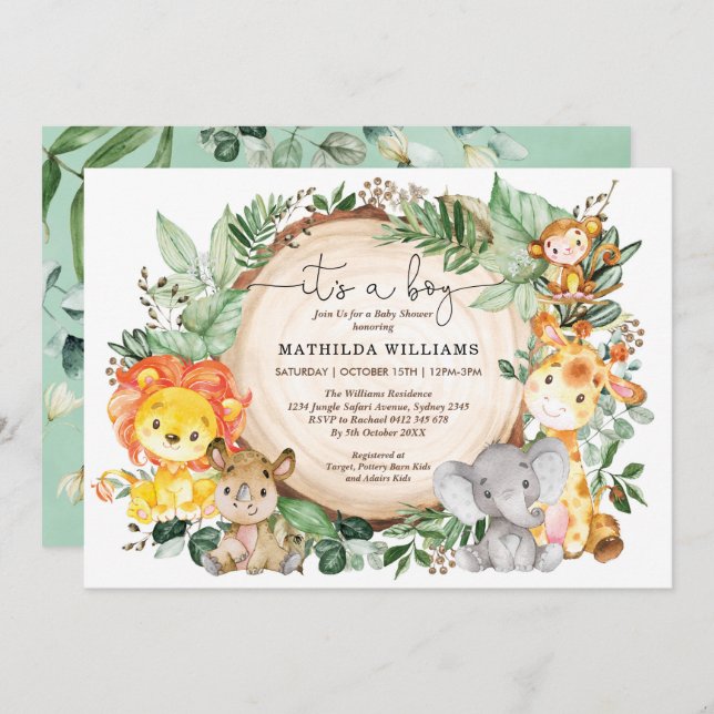 Invitation Jungle rustique Vert Baby shower Animaux sauvages (Devant / Derrière)