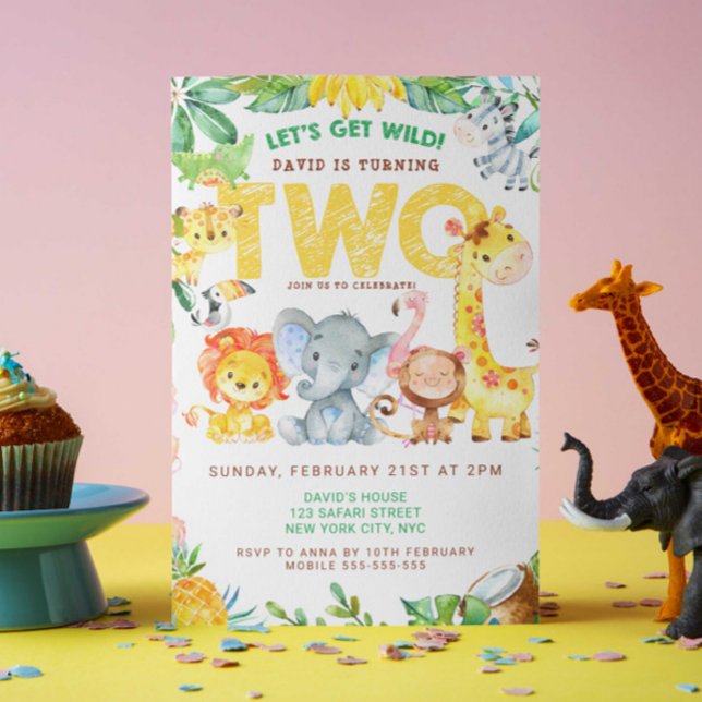 Invitation Jungle Safari 2ème anniversaire Boy Party Zoo (2nd birthday party jungle safari animals zoo themed two wild party animals invitation template cute)