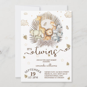 Invitation Jungle Safari Animal Jumeaux Baby Shower 