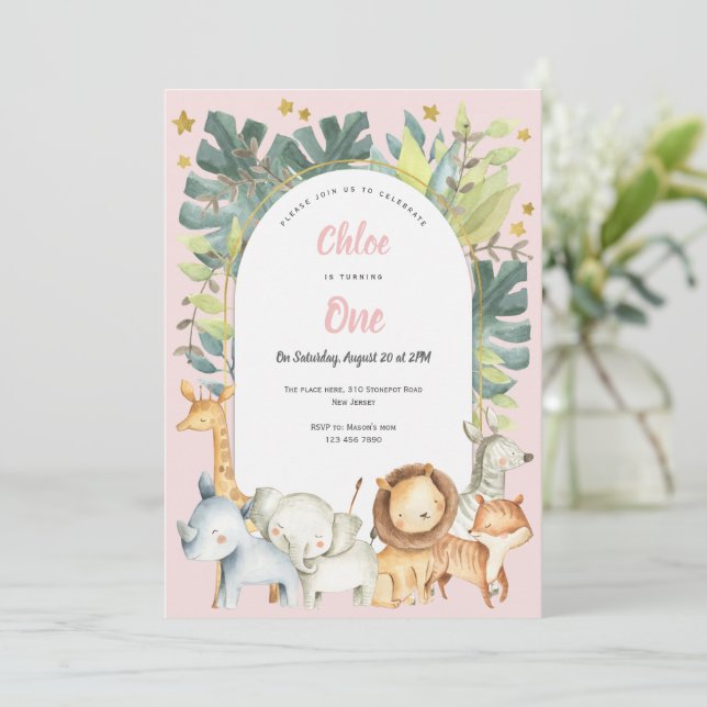 Invitation Jungle Safari Animaux Fille premier anniversaire (Debout devant)