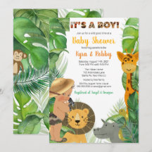 Jungle Safari Animaux garçon Baby shower Invitatio