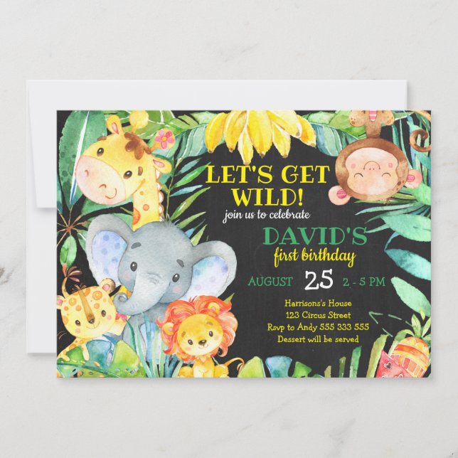 Invitation Jungle Safari Aquarelle mignonne garçon premier an (Devant)