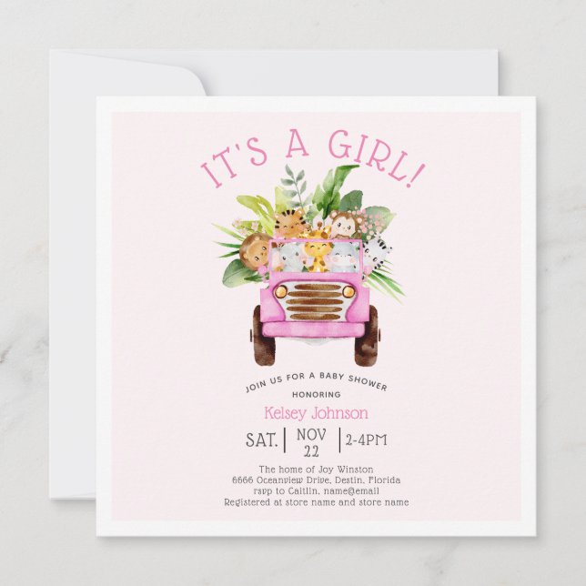 Invitation Jungle Safari Camion C'est une fille Baby shower r (Devant)