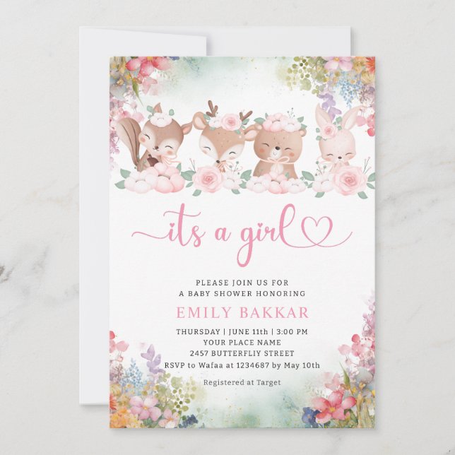 Invitation Jungle Safari C'est une fille Boho Baby shower ros (Devant)