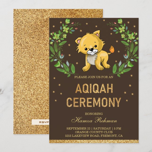 Invitation Jungle Safari Cute Baby Lion Aqiqah (Devant / Derrière)