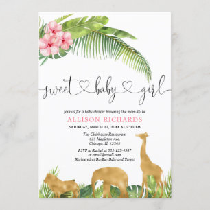 Invitation Jungle safari fille hibiscus rose palm feuilles