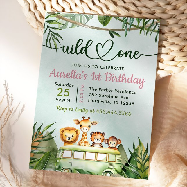 Invitation Jungle Safari Girl Wild One 1er anniversaire (Créateur téléchargé)