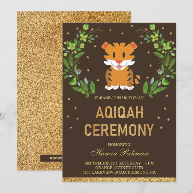 Invitation Jungle Safari mignon bébé Tiger Aqiqah (Devant / Derrière)