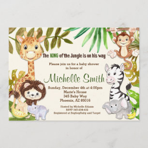 Invitation Jungle Safari Singe Eléphant Giraffe Baby shower