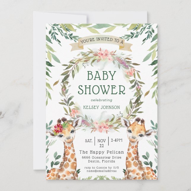 Invitation Jungle Safari verdure Giraffe Baby shower (Devant)